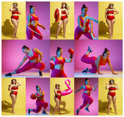 Young caucasian plus size female models training on beach resort on colorful background. Women practicing and chilling. Concept of summertime, party, body positive, equality, healthy lifestyle, sport.