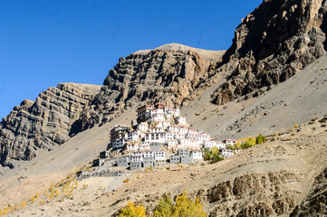 Kye Gompa or Tibetan Buddhist monastery on top of a hill in blue sky mountain. Spiti Valley,...