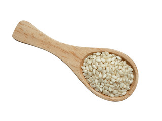 White sesame seeds in wooden spoons isolated on white background.Scientific name is Sesamum orientale L. cereal, Herb, top view and close up.