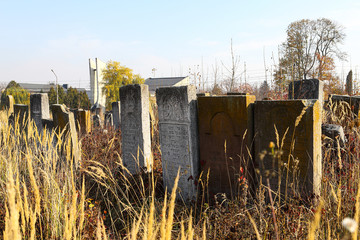 An old cluttered Jewish cemetery with uneven tombstones carved in Hebrew is a preserved story.