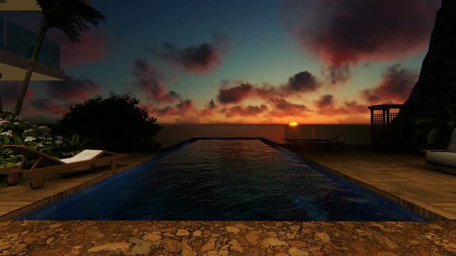 Luxurious villa with swimming pool against timelapse sunrise