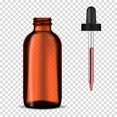 Open dark clear thick glass bottle with dropper cap on transparent background, realistic mockup. Beauty or medical product packaging, vector template