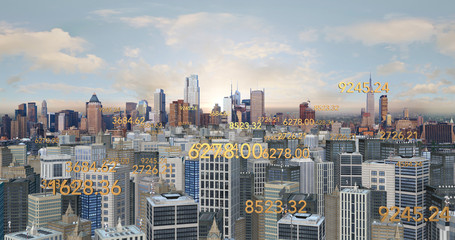 Flying Numbers All Over The Metropolitan City 3D Illustration Render. Technology And Business Related CG Render Flying Numbers All Over The Metropolitan City 3D Illustration Render. Technology And Bus