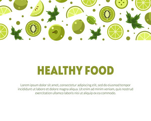 Healthy Food Banner Template with Space for Text and Fresh Green Fruits and Vegetables Vector Illustration