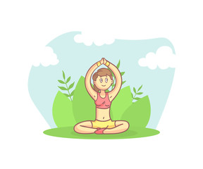 Obraz na płótnie Canvas Girl Doing Yoga in City Park, Morning Physical Workout, Young Woman Character Practicing Lotus Pose Vector Illustration