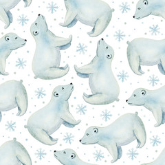 polar bear in watercolor cartoon style seamless pattern
