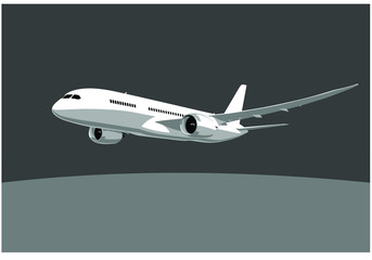 Boeing 787 Dreamliner. Flying airplane, takeoff airliner, commercial jet aircraft, airliner. Vector illustration. Vector template. - obrazy, fototapety, plakaty