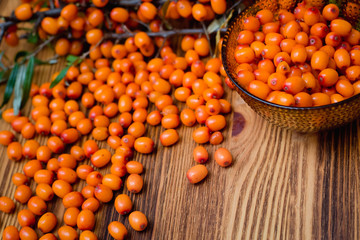 sea buckthorn berries in a bowl on a wooden background