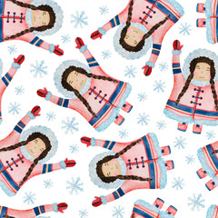seamless pattern cute eskimos in ethnic clothing set blue, pink watercolor
