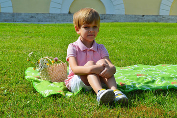 Little boy sitting on the grass in the summer park.