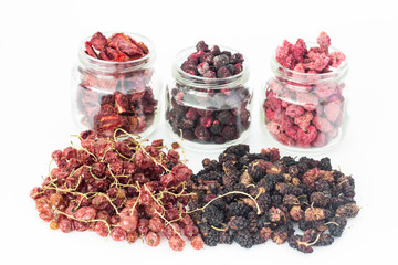 Dry strawberry blackberry raspberry mulberry current  isolated on white