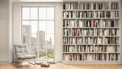 Reading place with bookshelves, wooden floor - obrazy, fototapety, plakaty