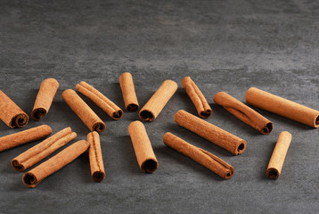 Cinnamon sticks on the gray stone texture with copy space	