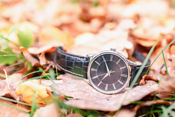 wristwatch on the background of autumn leaves Autumn shot clock lifestyle Autumn