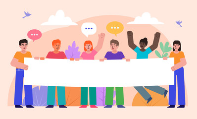 Fototapeta premium Group of people hold big blank banner. Advertisement, celebration. Poster for social media, web page, banner, presentation. Flat design vector illustration