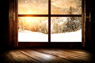 Window wooden sill of free space for your decoration and winter landscape. 