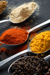 Various spices spoons on stone table.On dark concrete background.Herbs and spices on wooden table.  Top view with space for your text