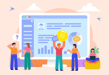Group of people stand near big screen with various charts. Web app creation process, teamwork concept. Poster for social media, web page, banner, presentation. Flat design vector illustration