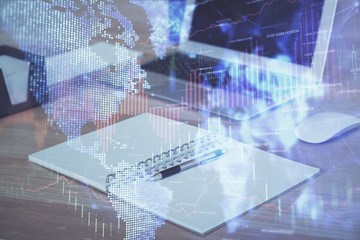 Multi exposure of forex chart and work space with computer. Concept of international online trading.