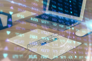 Multi exposure of chart and financial info and work space with computer background. Concept of international online trading.