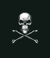 Sketch vector illustration, hand drawn human skull and crossbones on black background. Jolly Roger. Pirate symbol or danger warning sign