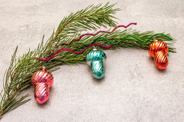 Vintage Christmas tree toys. New Year holiday concept. Evergreen pine branch