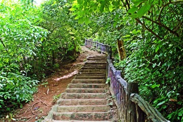 Escaleras en el sendero de las cascadas de Erawan, Kanchanaburi, Tailandia.