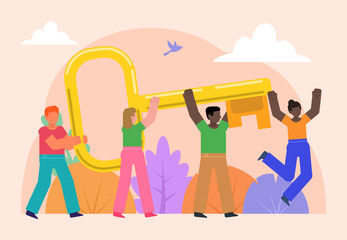 Find key, solution to problem. Group of people hold big key. Poster for social media, web page, banner, presentation. Flat design vector illustration