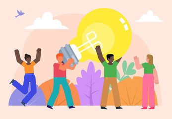 Creative idea, startup concept. Group of people hold big light bulb. Poster for social media, web page, banner, presentation. Flat design vector illustration