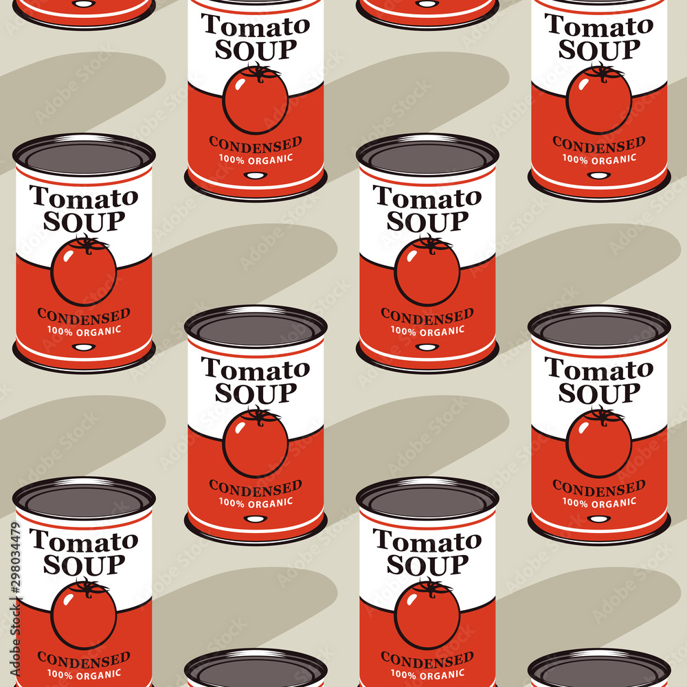 Poster vector seamless pattern with tin cans of tomato soup in retro style on light background. repeatable 