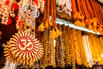 Rishikesh, India. Goods in souvenir shop on the street of Rishikesh.