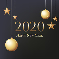 Greeting Card 2020 Happy New Year. Illustration with gold Christmas balls, stars and place for text. Flyer, poster, invitation or banner for New Year's 2020 Eve Party celebration.