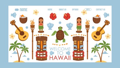 Hawaii travel website, vector illustration. Summer vacation on exotic tropical island in Pacific ocean. Landing page decorated with isolated flat style symbols of Hawaiian culture © Vectorvstocker