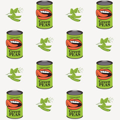Vector seamless pattern with green peas, green pea cans and human mouths in retro style on light background. Repeatable flat illustrations for canned green peas