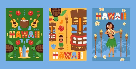 Hawaii banner, vector illustration. Beach party invitation, flat style cards with symbols of Hawaiian culture. Dancing woman, totem mask, guitar and surfing boards