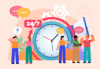 Support, help, service or call center concept. Group of people stand near big watches, megaphone, gears. Poster for social media, web page, banner, presentation. Flat design vector illustration