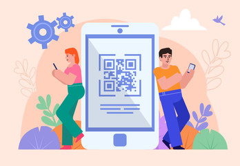 Scan QR code with smartphone concept. Man and woman stand near big phone. Poster for social media, web page, banner, presentation. Flat design vector illustration