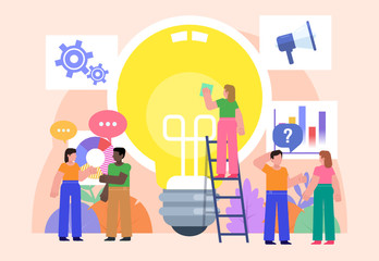 Creative idea, startup, team brainstorm concept. Group of people stand near big idea bulb. Poster for social media, web page, banner, presentation. Flat design vector illustration