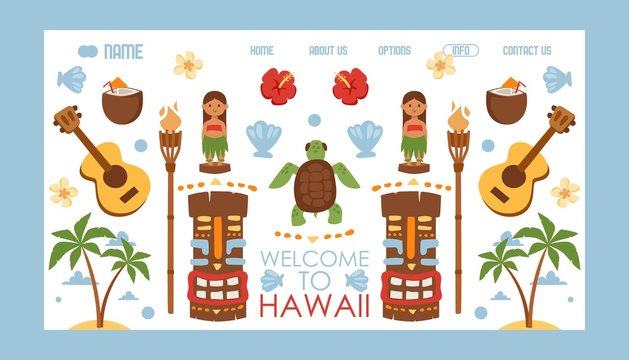 Hawaii travel website, vector illustration. Summer vacation on exotic tropical island in Pacific ocean. Landing page decorated with isolated flat style symbols of Hawaiian culture