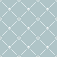 Seamless vector pattern. Modern geometric ornament with white royal lilies. Classic vintage light blue and white background