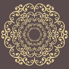 Oriental vector pattern with arabesques and floral elements. Traditional classic round golden ornament. Vintage pattern with arabesques