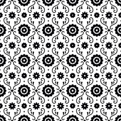 Obraz premium Mexican folk art seamless pattern with flowers on white background. Traditional design for fiesta party. Floral ornate elements from Mexico. Mexican folklore ornament.