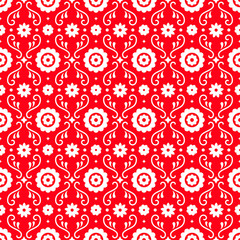 Mexican folk art seamless pattern with flowers on red background. Traditional design for fiesta party. Floral ornate elements from Mexico. Mexican folklore ornament.