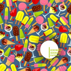 Ice cream seamless pattern, vector illustration. Colorful gelato, scoops in wafer cone or in glass bowl, frozen ice popsicle, chocolate coating