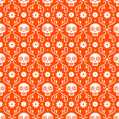 Day of the dead seamless pattern with skulls and flowers on red background. Traditional mexican Halloween design for Dia De Los Muertos holiday party. Ornament from Mexico.