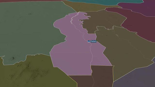 White Nile - state of Sudan with its capital zoomed on the administrative map of the globe. Animation 3D