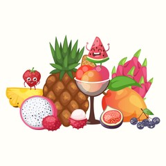 Exotic tropical fruits, vector illustration. Summer cafe or shop poster, fresh juicy fruit selection. Pineapple, mango, pitaya, fig and lychee. Ice cream scoops in glass bowl