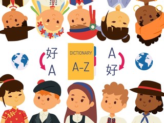 Dictionary cover, vector illustration. Foreign language learning for children, school book with cartoon characters. Boys and girls of different nationalities