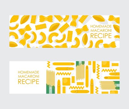 Homemade macaroni banner, vector illustration. Different kinds of uncooked pasta, traditional Italian meal ingredient. Recipe book header, pasta package decoration