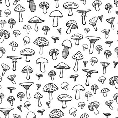 Seamless doodle pattern with forest mushrooms on white background. Beautiful autumn illustration in vector.